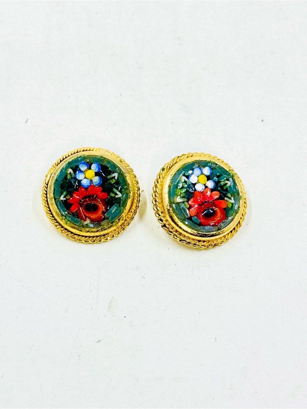 Vintage Gold-Tone Floral Red & Green Micro-Mosaic Button Clip On Earrings